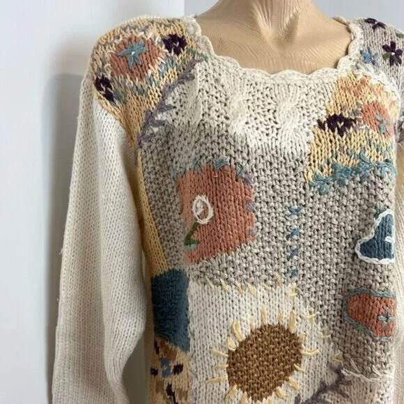 90s Brand New Next Issue Womens Medium Ramie Blend Granny Square Sweater Cottage - Picture 2 of 15